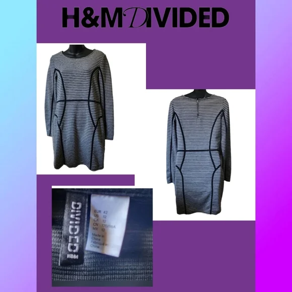 H&M DIVIDED STRIPED BODYCON DESIGNER DRESS SIZE 12 - Picture 1 of 4